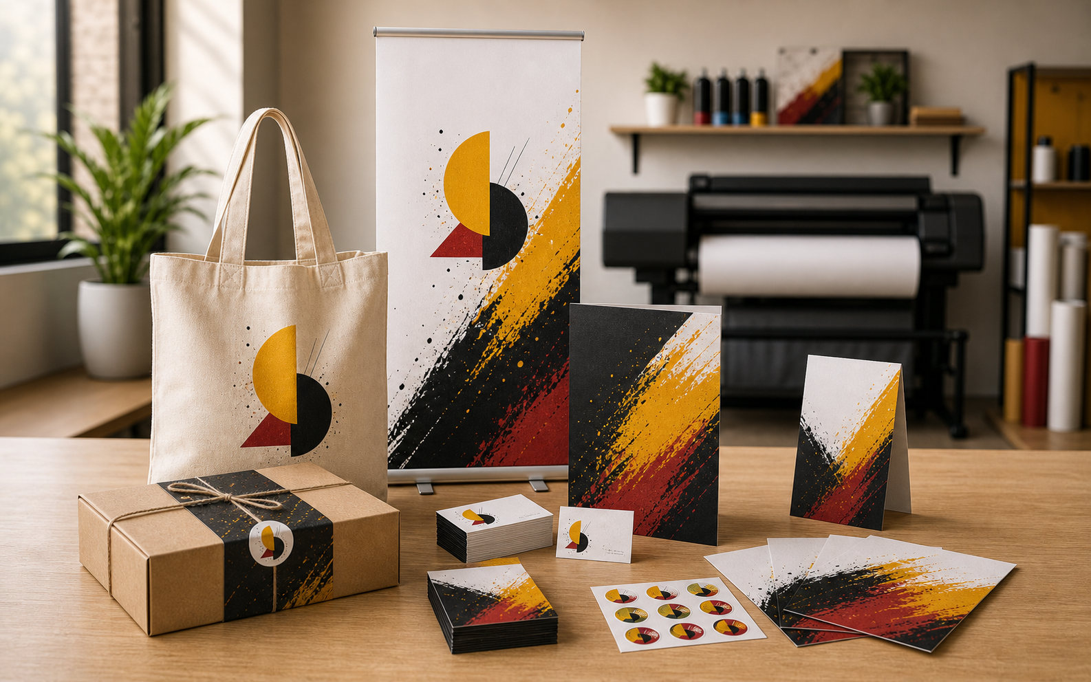 Materiale aziendale coordinato con roll-up shopper e biglietti